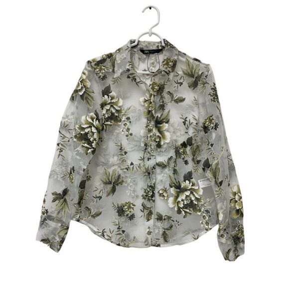 Zara Womens Top S White Green Floral Chiffon Sheer Button Up Long Sleeve NWOT - Picture 1 of 7